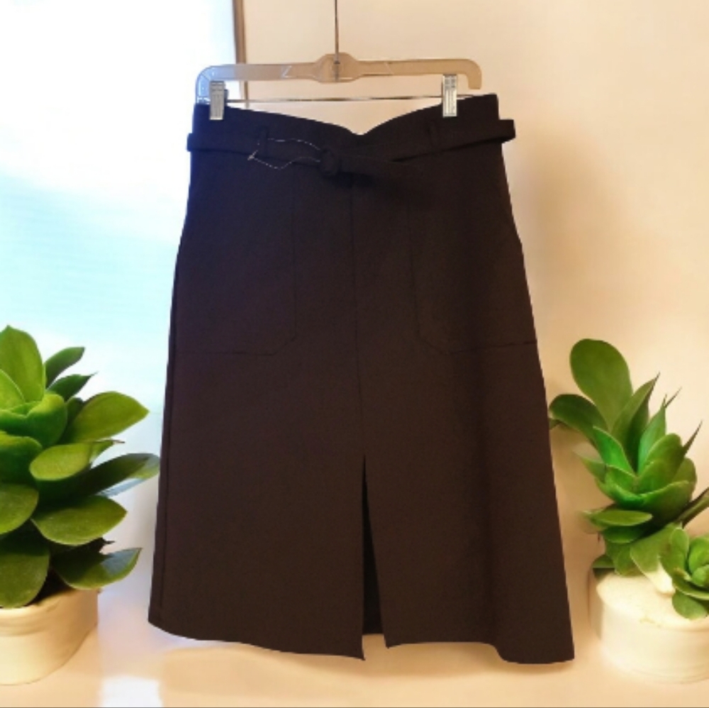 Elegant Brown Double Front Pocket Pencil Skirt with Belt and Split